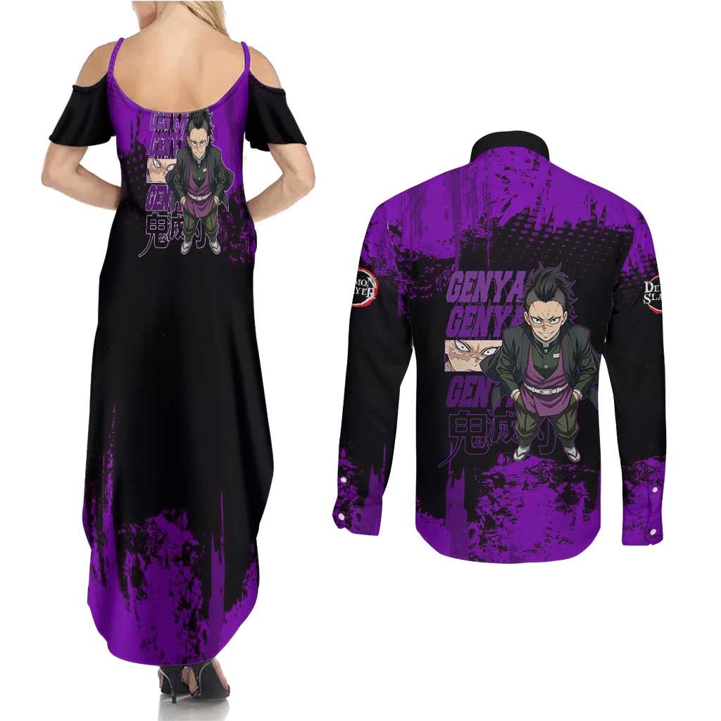 Genya Shinazugawa Demon Slayer Purple Grunge Design Couples Matching Summer Maxi Dress and Long Sleeve Button Shirt with Fierce Expression and Combat Stance - The Mazicc