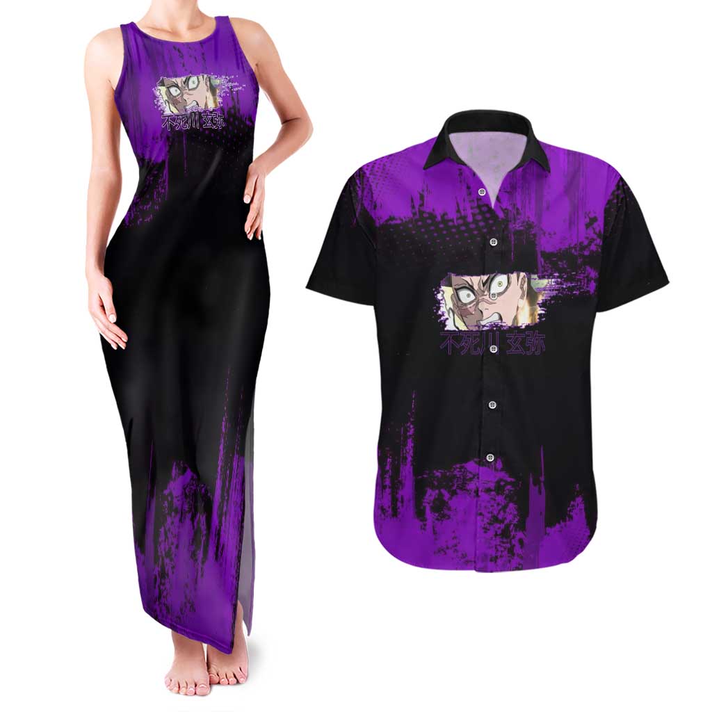 Genya Shinazugawa Demon Slayer Purple Grunge Design Couples Matching Tank Maxi Dress and Hawaiian Shirt with Fierce Expression and Combat Stance - The Mazicc