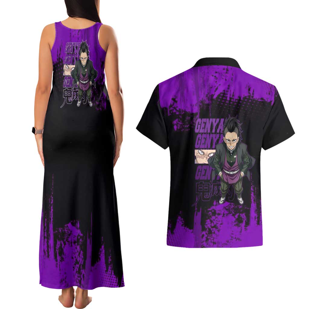 Genya Shinazugawa Demon Slayer Purple Grunge Design Couples Matching Tank Maxi Dress and Hawaiian Shirt with Fierce Expression and Combat Stance - The Mazicc