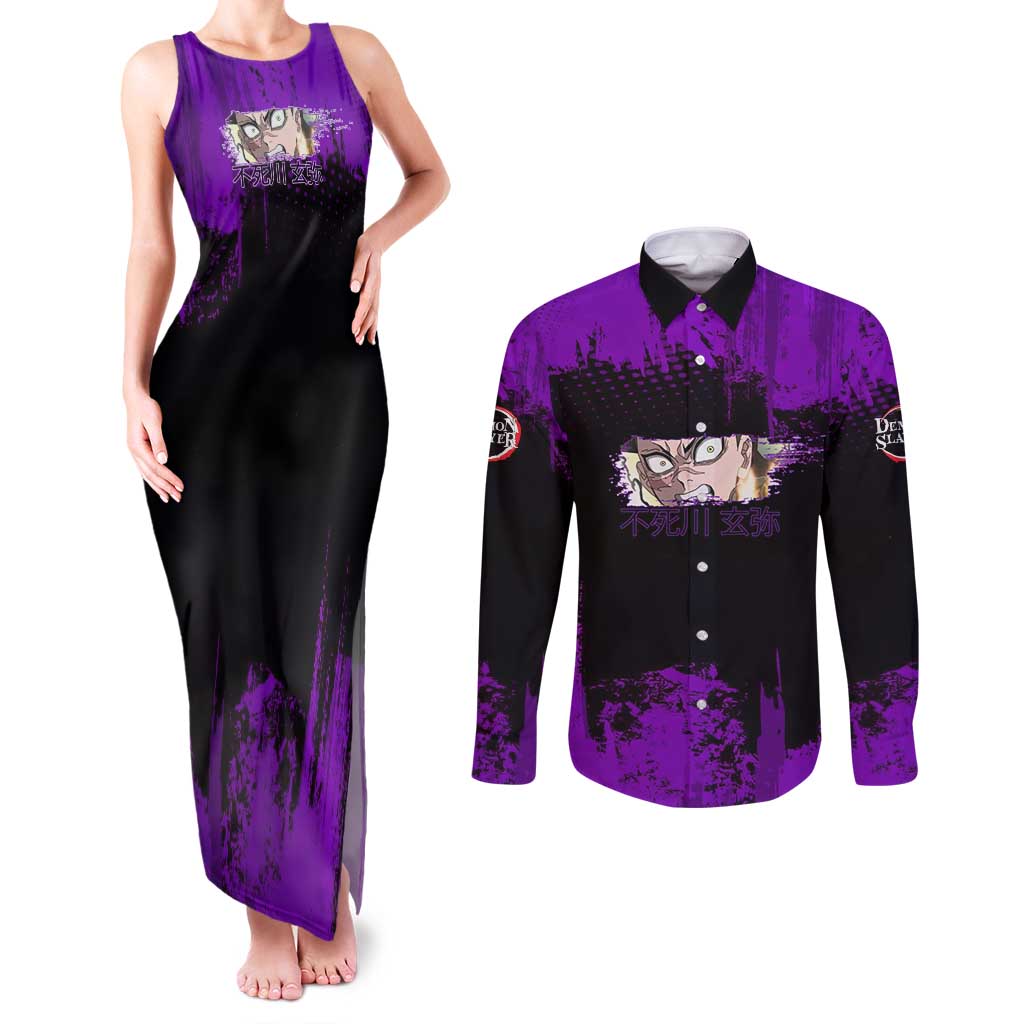 Genya Shinazugawa Demon Slayer Purple Grunge Design Couples Matching Tank Maxi Dress and Long Sleeve Button Shirt with Fierce Expression and Combat Stance - The Mazicc