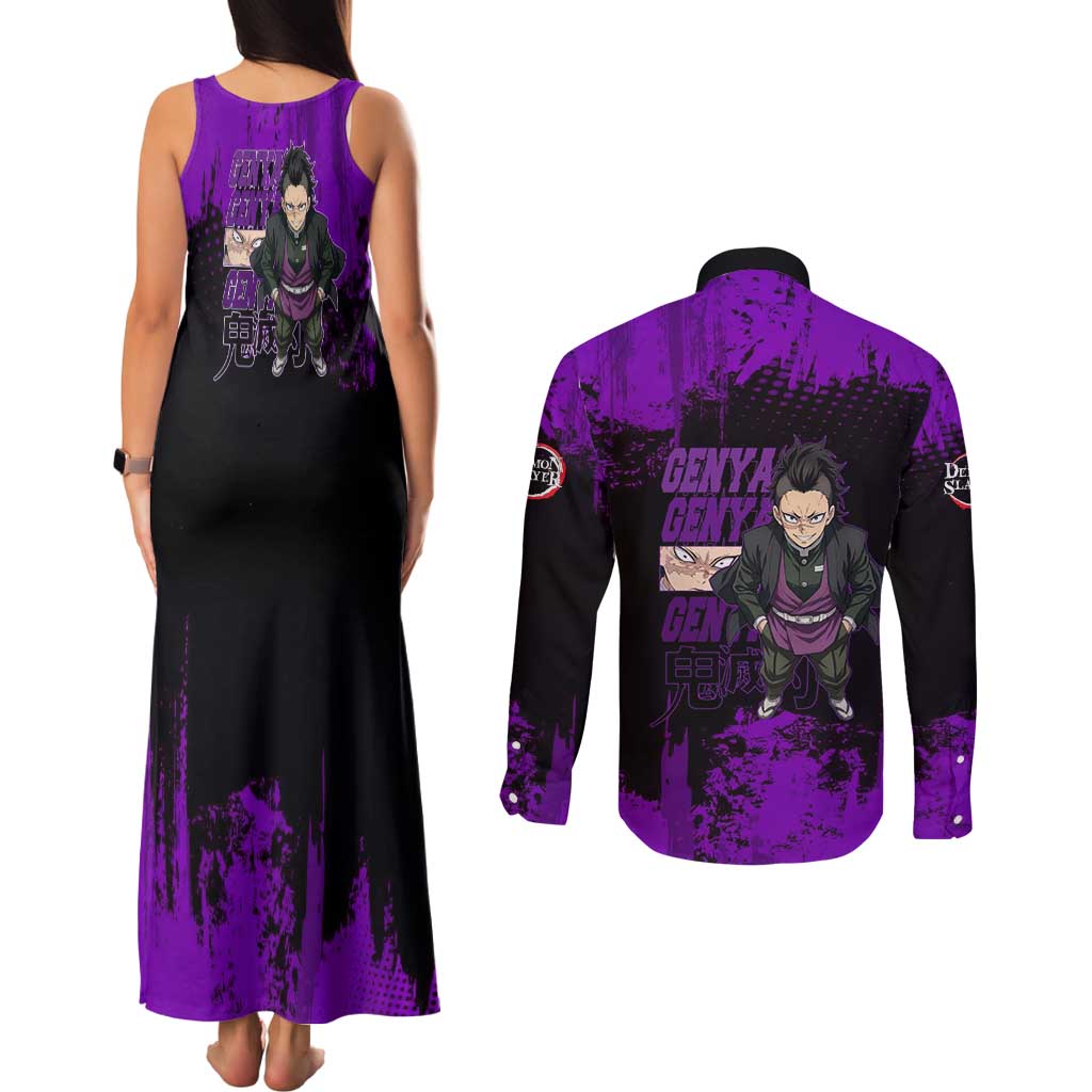Genya Shinazugawa Demon Slayer Purple Grunge Design Couples Matching Tank Maxi Dress and Long Sleeve Button Shirt with Fierce Expression and Combat Stance - The Mazicc