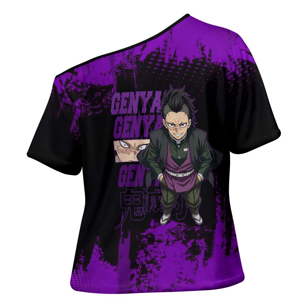 Genya Shinazugawa Demon Slayer Purple Grunge Design Cross Shoulder Shirt with Fierce Expression and Combat Stance - The Mazicc