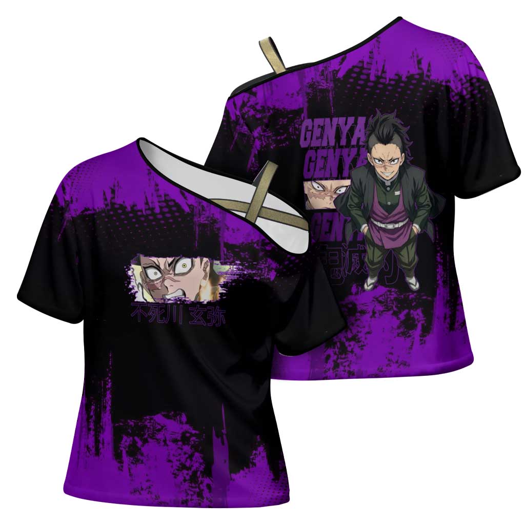 Genya Shinazugawa Demon Slayer Purple Grunge Design Cross Shoulder Shirt with Fierce Expression and Combat Stance - The Mazicc