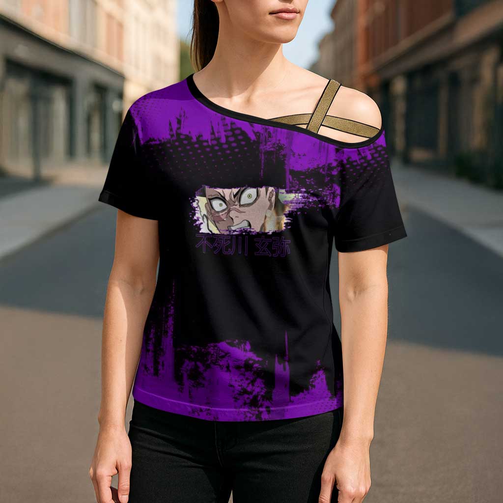 Genya Shinazugawa Demon Slayer Purple Grunge Design Cross Shoulder Shirt with Fierce Expression and Combat Stance - The Mazicc