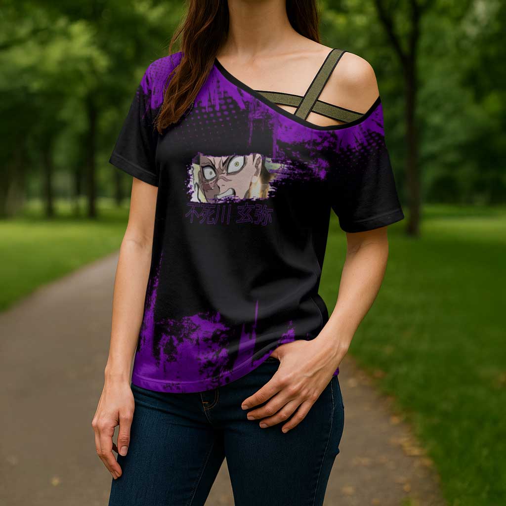 Genya Shinazugawa Demon Slayer Purple Grunge Design Cross Shoulder Shirt with Fierce Expression and Combat Stance - The Mazicc