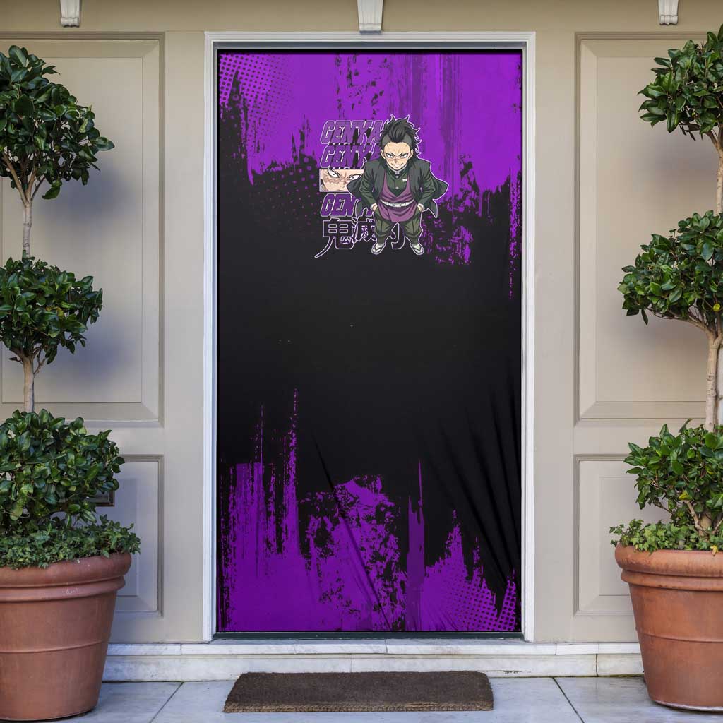 Genya Shinazugawa Demon Slayer Purple Grunge Design Door Cover with Fierce Expression and Combat Stance - The Mazicc