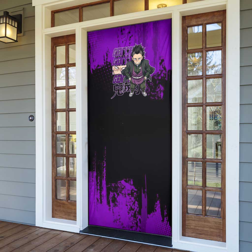 Genya Shinazugawa Demon Slayer Purple Grunge Design Door Cover with Fierce Expression and Combat Stance - The Mazicc