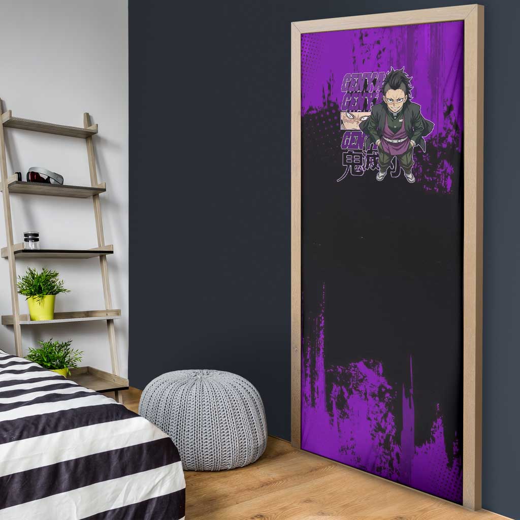 Genya Shinazugawa Demon Slayer Purple Grunge Design Door Cover with Fierce Expression and Combat Stance - The Mazicc