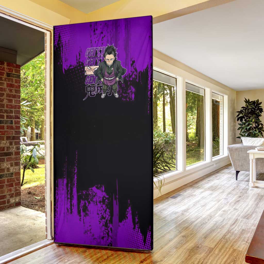 Genya Shinazugawa Demon Slayer Purple Grunge Design Door Cover with Fierce Expression and Combat Stance - The Mazicc