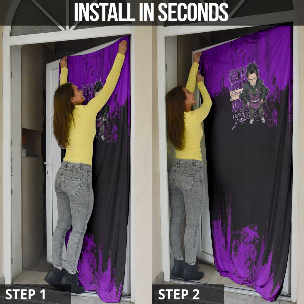 Genya Shinazugawa Demon Slayer Purple Grunge Design Door Cover with Fierce Expression and Combat Stance - The Mazicc