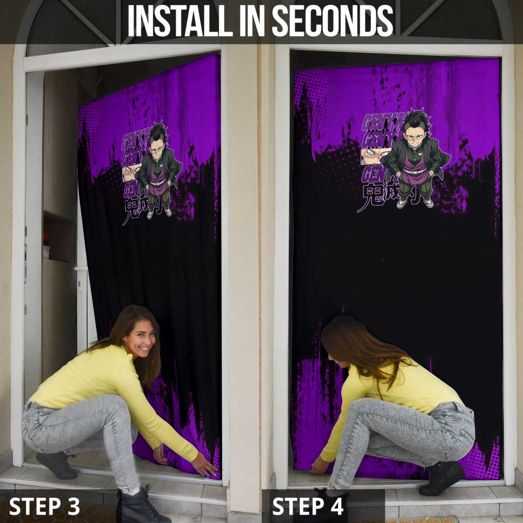 Genya Shinazugawa Demon Slayer Purple Grunge Design Door Cover with Fierce Expression and Combat Stance - The Mazicc