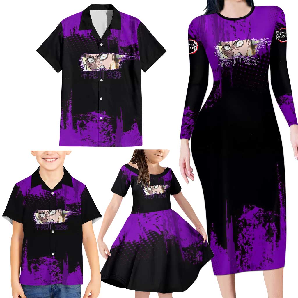 Genya Shinazugawa Demon Slayer Purple Grunge Design Family Matching Long Sleeve Bodycon Dress and Hawaiian Shirt with Fierce Expression and Combat Stance