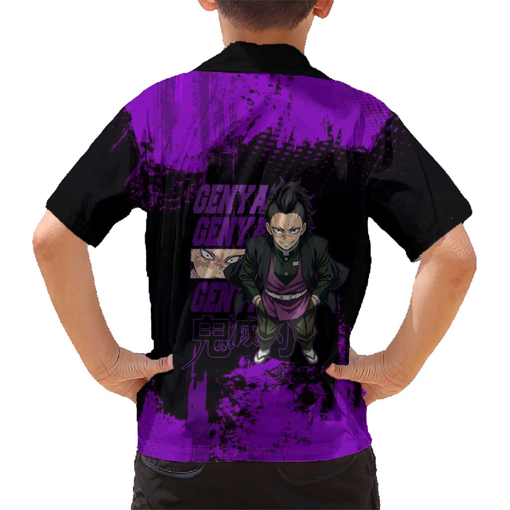 Genya Shinazugawa Demon Slayer Purple Grunge Design Family Matching Long Sleeve Bodycon Dress and Hawaiian Shirt with Fierce Expression and Combat Stance