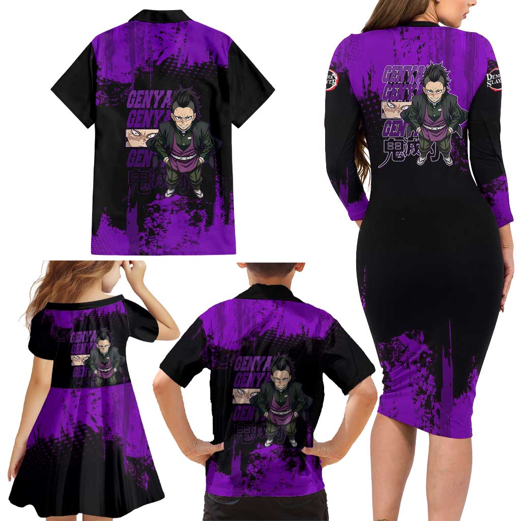 Genya Shinazugawa Demon Slayer Purple Grunge Design Family Matching Long Sleeve Bodycon Dress and Hawaiian Shirt with Fierce Expression and Combat Stance