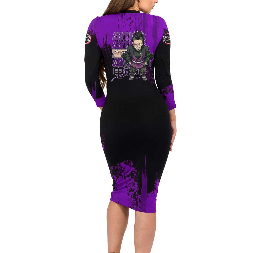 Genya Shinazugawa Demon Slayer Purple Grunge Design Family Matching Long Sleeve Bodycon Dress and Hawaiian Shirt with Fierce Expression and Combat Stance