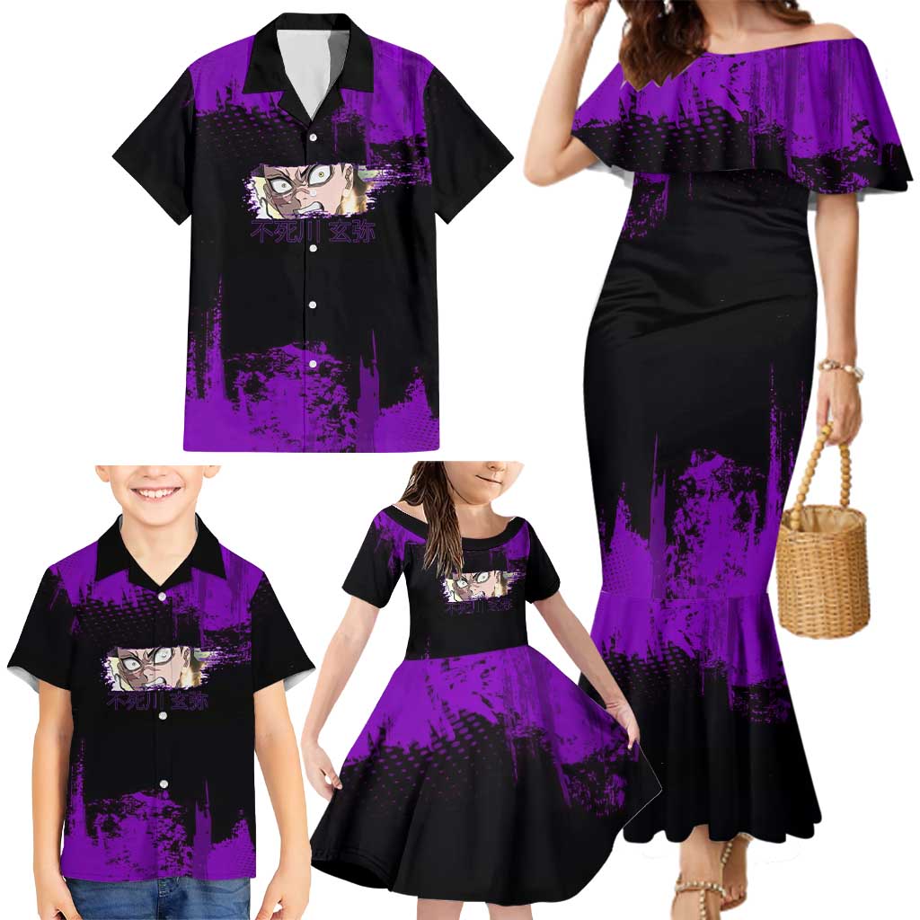 Genya Shinazugawa Demon Slayer Purple Grunge Design Family Matching Mermaid Dress and Hawaiian Shirt with Fierce Expression and Combat Stance