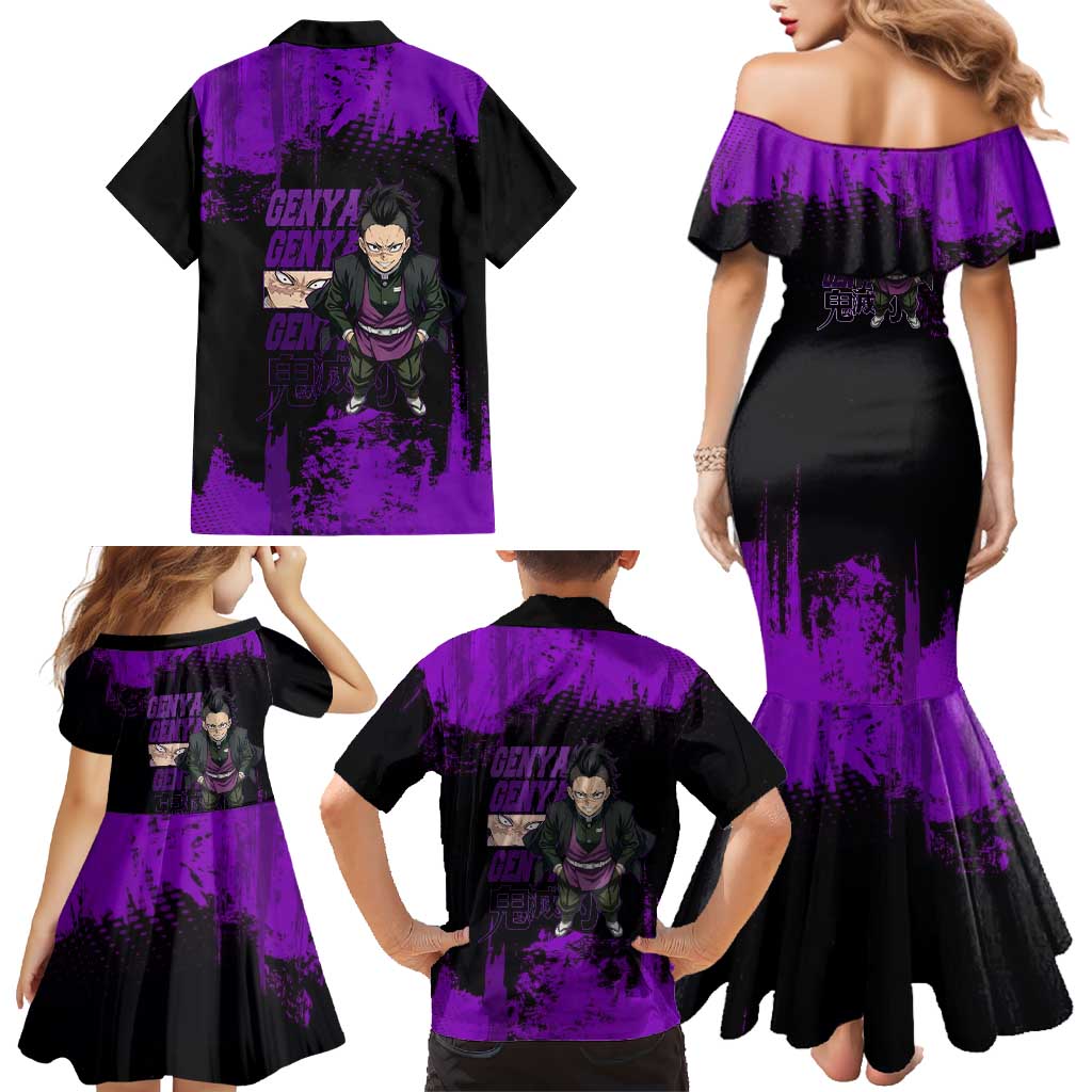 Genya Shinazugawa Demon Slayer Purple Grunge Design Family Matching Mermaid Dress and Hawaiian Shirt with Fierce Expression and Combat Stance