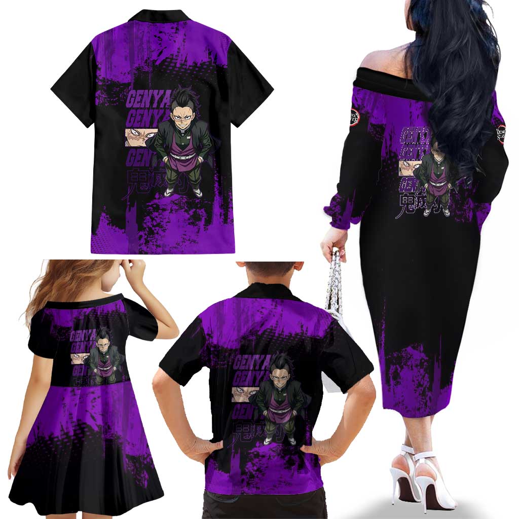 Genya Shinazugawa Demon Slayer Purple Grunge Design Family Matching Off The Shoulder Long Sleeve Dress and Hawaiian Shirt with Fierce Expression and Combat Stance