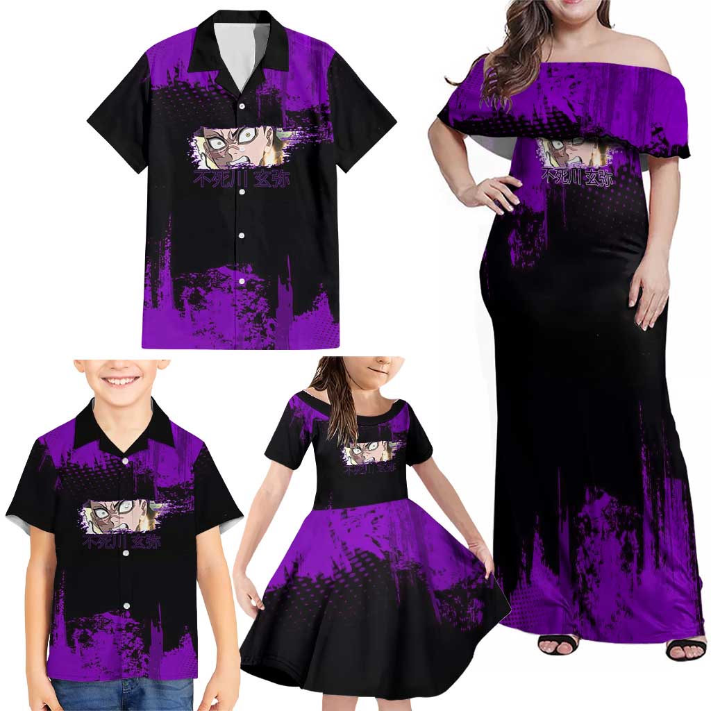 Genya Shinazugawa Demon Slayer Purple Grunge Design Family Matching Off Shoulder Maxi Dress and Hawaiian Shirt with Fierce Expression and Combat Stance