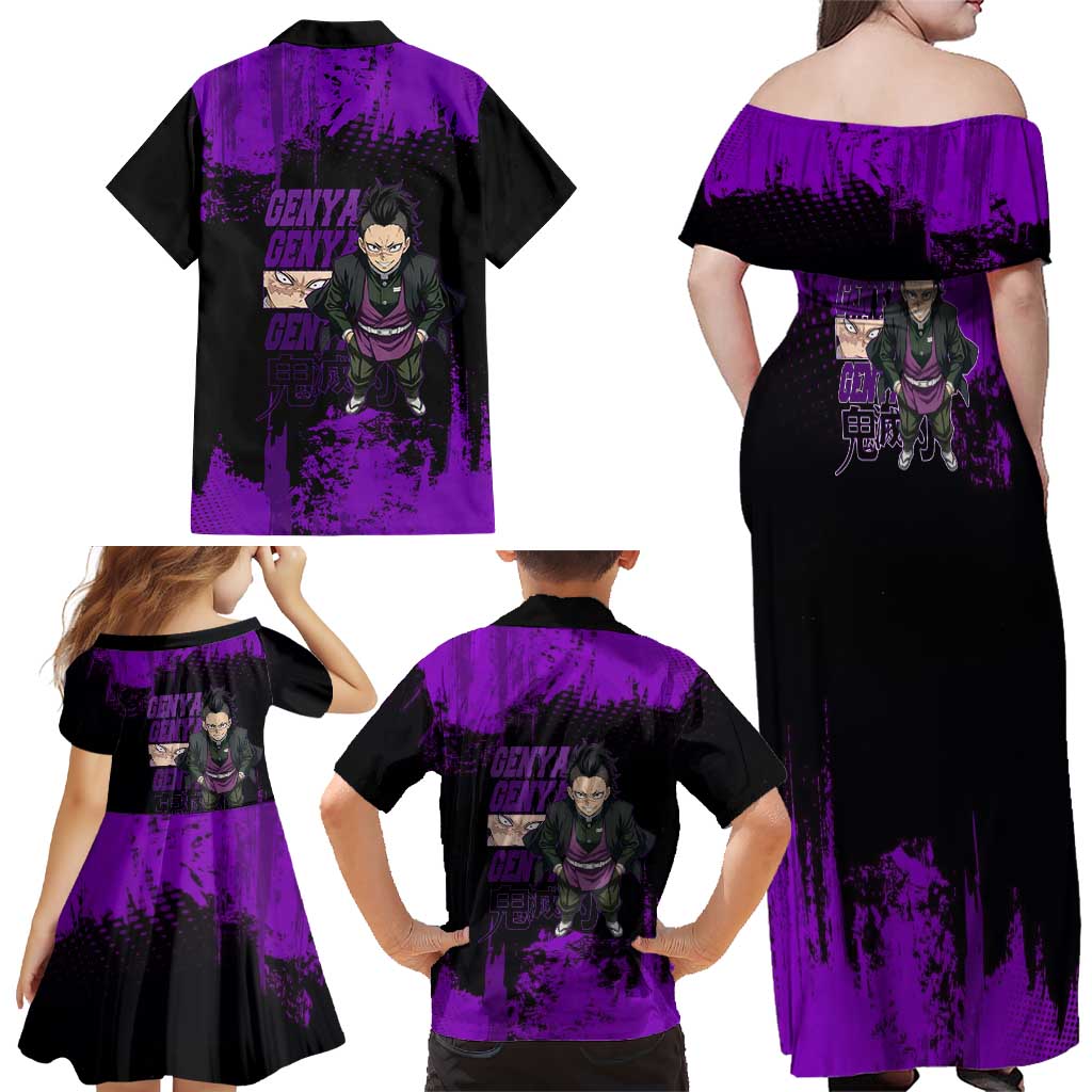 Genya Shinazugawa Demon Slayer Purple Grunge Design Family Matching Off Shoulder Maxi Dress and Hawaiian Shirt with Fierce Expression and Combat Stance