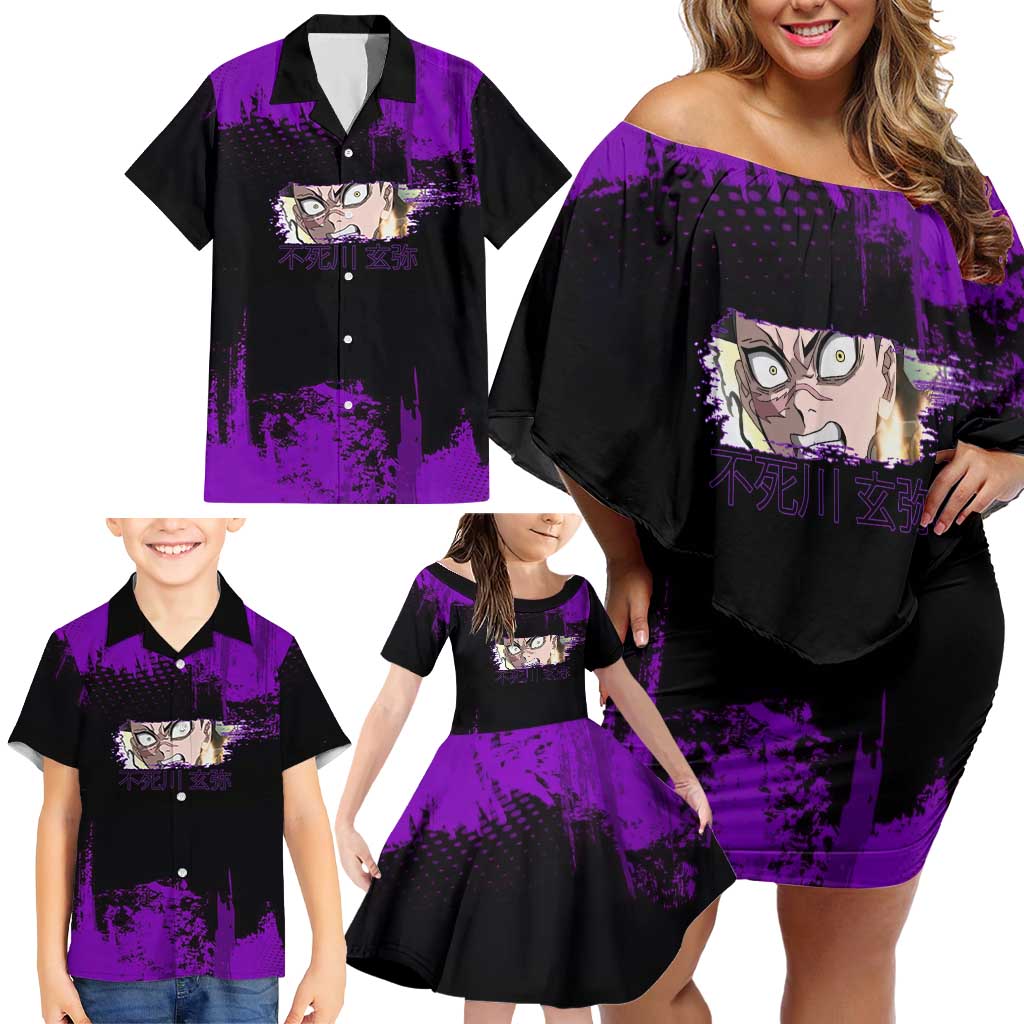 Genya Shinazugawa Demon Slayer Purple Grunge Design Family Matching Off Shoulder Short Dress and Hawaiian Shirt with Fierce Expression and Combat Stance