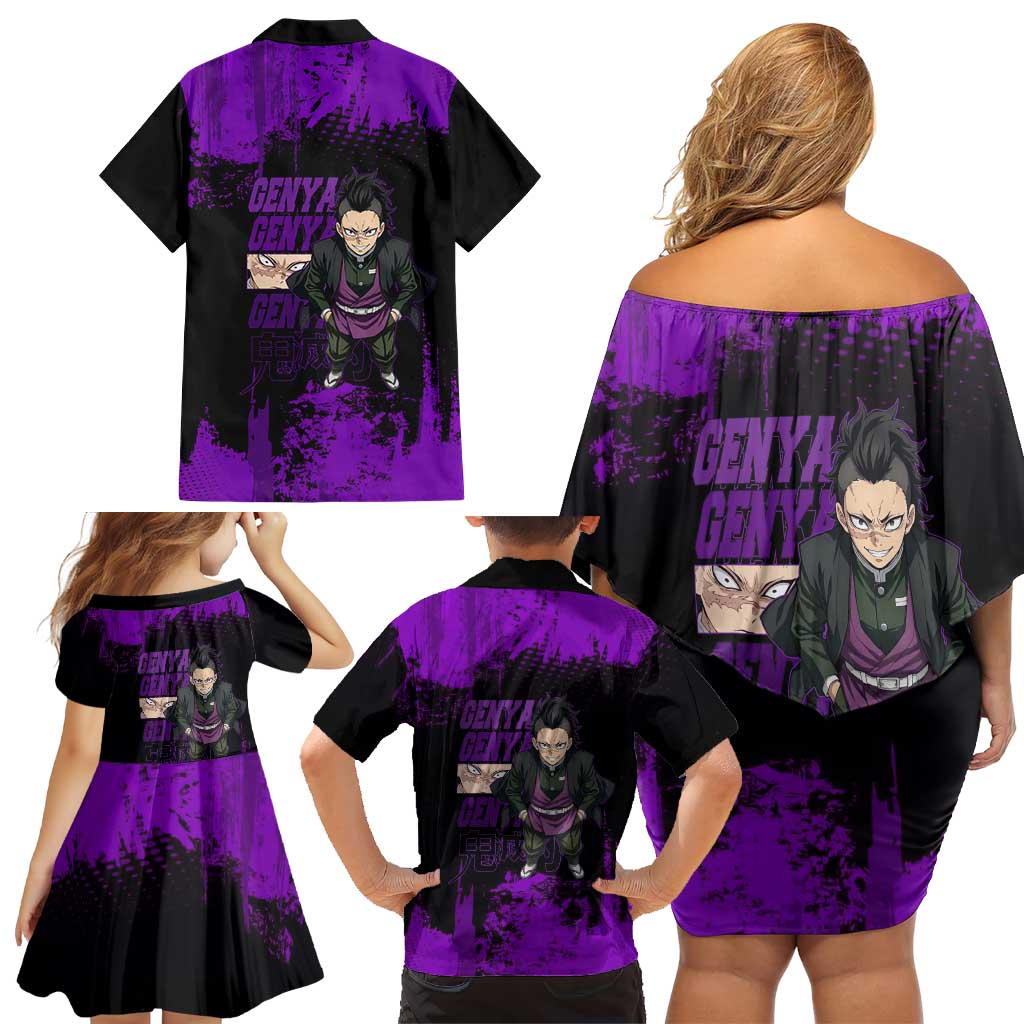 Genya Shinazugawa Demon Slayer Purple Grunge Design Family Matching Off Shoulder Short Dress and Hawaiian Shirt with Fierce Expression and Combat Stance
