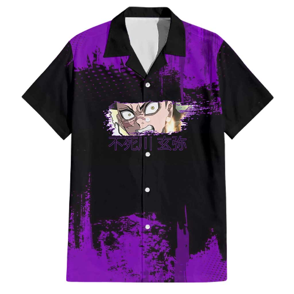 Genya Shinazugawa Demon Slayer Purple Grunge Design Family Matching Off Shoulder Short Dress and Hawaiian Shirt with Fierce Expression and Combat Stance