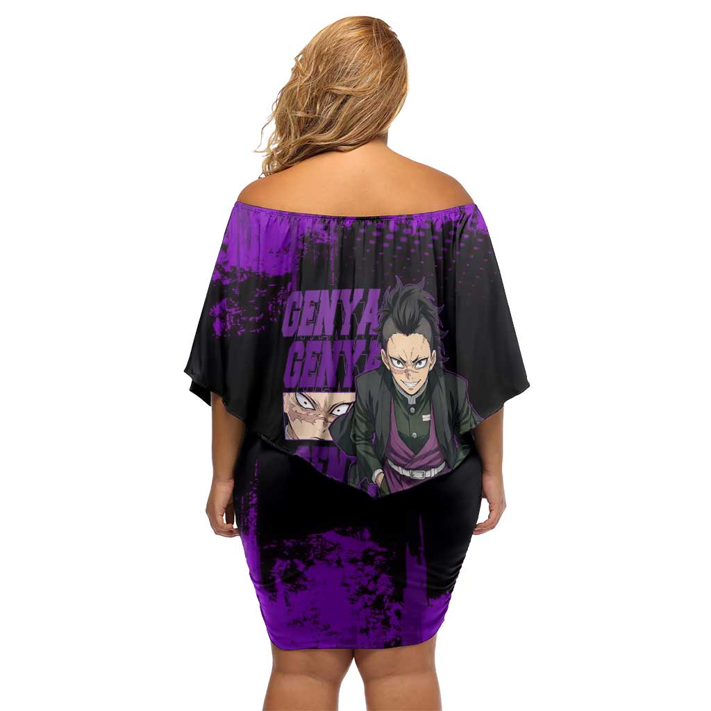 Genya Shinazugawa Demon Slayer Purple Grunge Design Family Matching Off Shoulder Short Dress and Hawaiian Shirt with Fierce Expression and Combat Stance