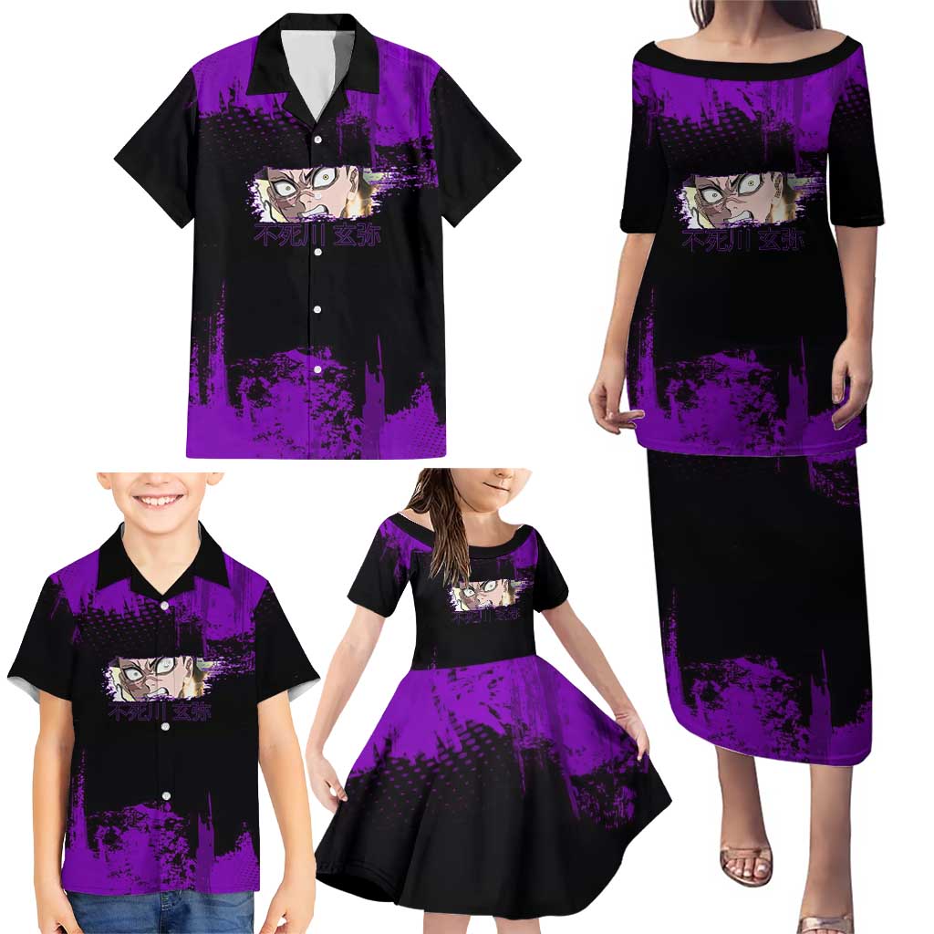 Genya Shinazugawa Demon Slayer Purple Grunge Design Family Matching Puletasi and Hawaiian Shirt with Fierce Expression and Combat Stance