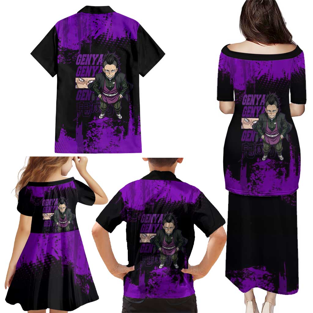 Genya Shinazugawa Demon Slayer Purple Grunge Design Family Matching Puletasi and Hawaiian Shirt with Fierce Expression and Combat Stance