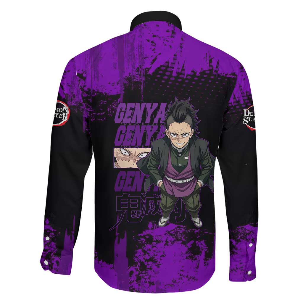 Genya Shinazugawa Demon Slayer Purple Grunge Design Family Matching Puletasi and Hawaiian Shirt with Fierce Expression and Combat Stance
