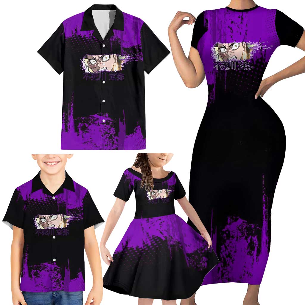 Genya Shinazugawa Demon Slayer Purple Grunge Design Family Matching Short Sleeve Bodycon Dress and Hawaiian Shirt with Fierce Expression and Combat Stance
