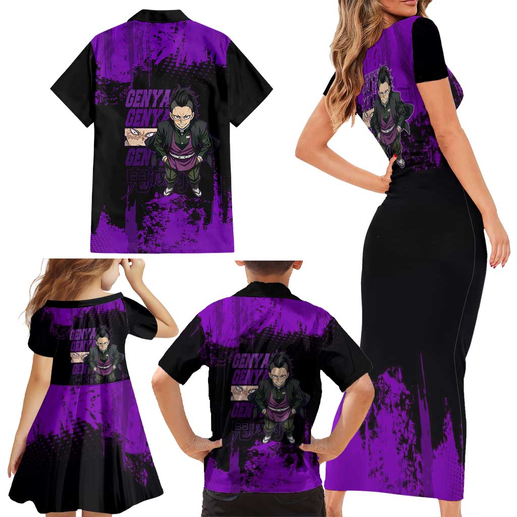 Genya Shinazugawa Demon Slayer Purple Grunge Design Family Matching Short Sleeve Bodycon Dress and Hawaiian Shirt with Fierce Expression and Combat Stance