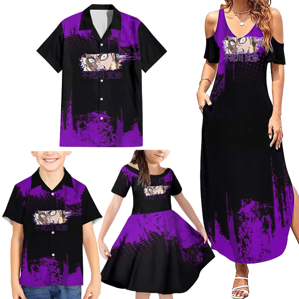 Genya Shinazugawa Demon Slayer Purple Grunge Design Family Matching Summer Maxi Dress and Hawaiian Shirt with Fierce Expression and Combat Stance