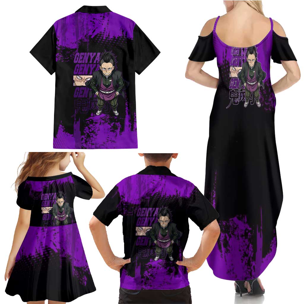 Genya Shinazugawa Demon Slayer Purple Grunge Design Family Matching Summer Maxi Dress and Hawaiian Shirt with Fierce Expression and Combat Stance