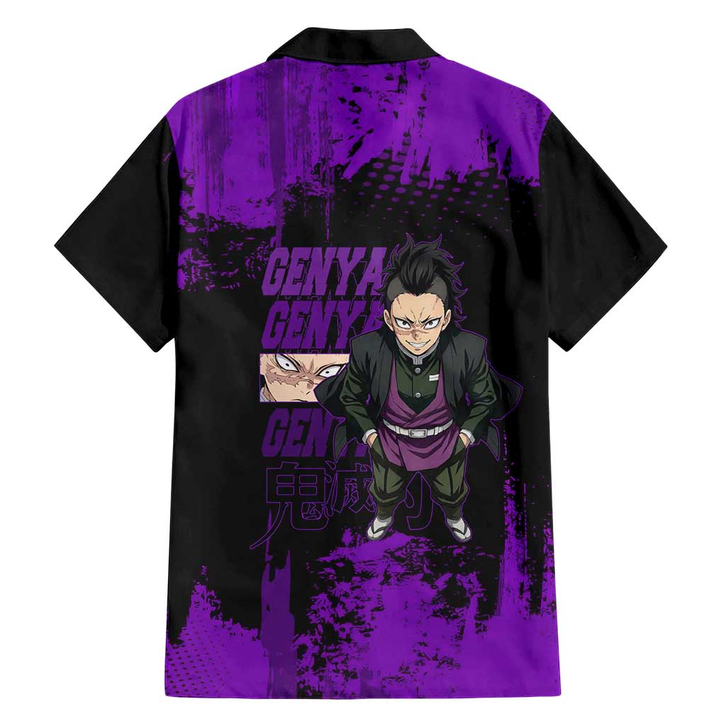 Genya Shinazugawa Demon Slayer Purple Grunge Design Family Matching Summer Maxi Dress and Hawaiian Shirt with Fierce Expression and Combat Stance
