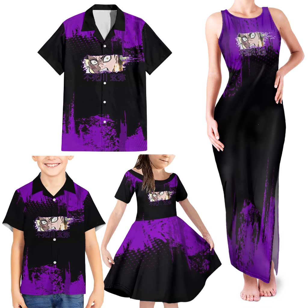 Genya Shinazugawa Demon Slayer Purple Grunge Design Family Matching Tank Maxi Dress and Hawaiian Shirt with Fierce Expression and Combat Stance