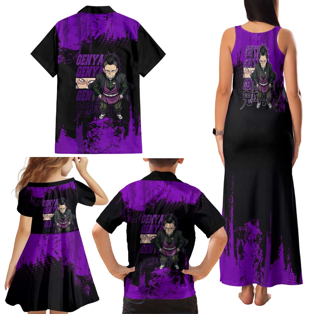 Genya Shinazugawa Demon Slayer Purple Grunge Design Family Matching Tank Maxi Dress and Hawaiian Shirt with Fierce Expression and Combat Stance