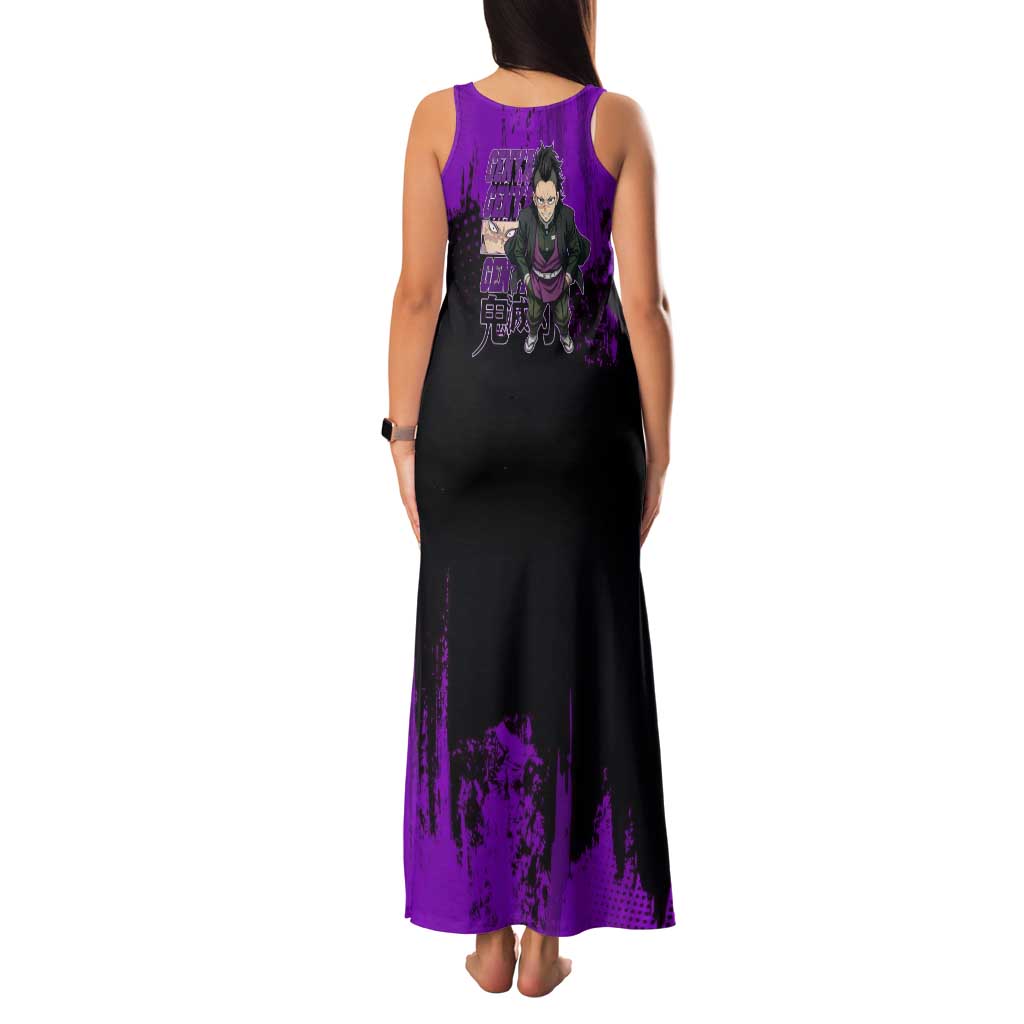 Genya Shinazugawa Demon Slayer Purple Grunge Design Family Matching Tank Maxi Dress and Hawaiian Shirt with Fierce Expression and Combat Stance
