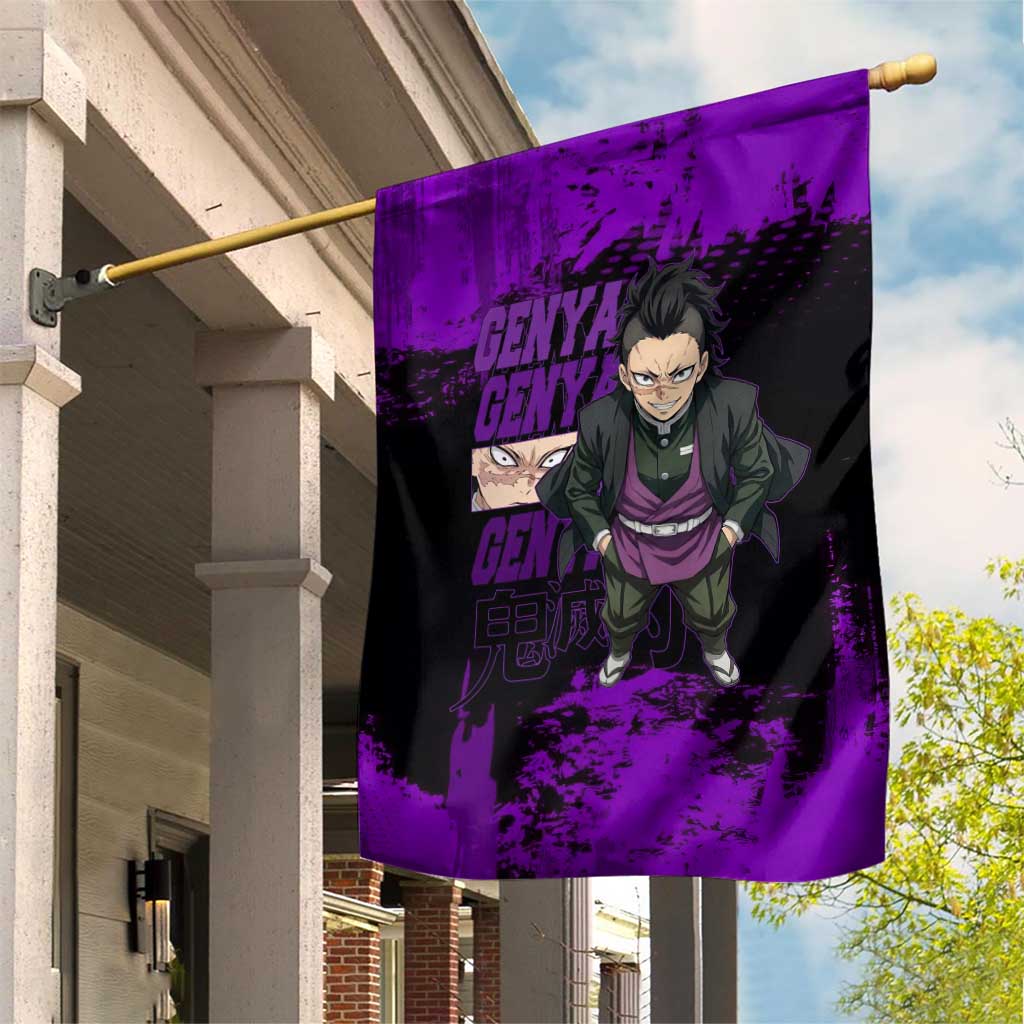 Genya Shinazugawa Demon Slayer Purple Grunge Design Garden Flag with Fierce Expression and Combat Stance - The Mazicc