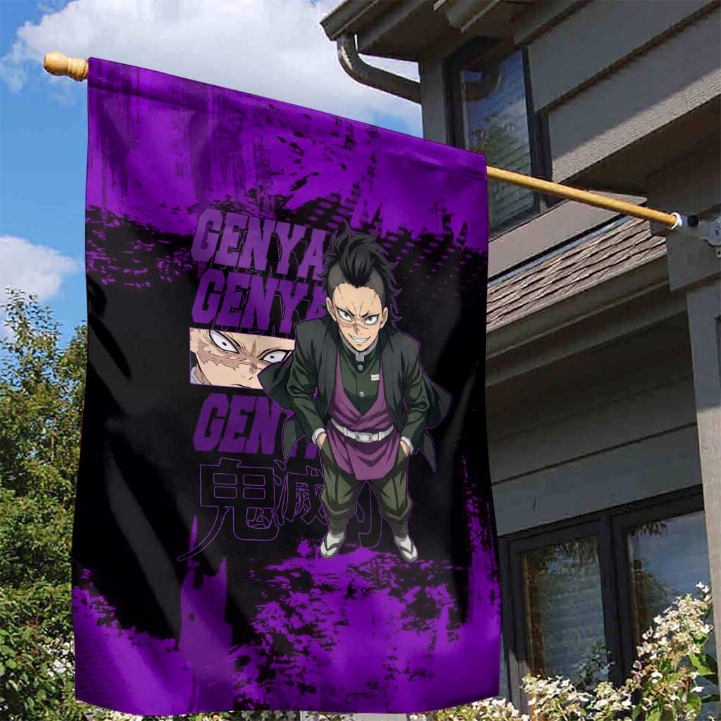 Genya Shinazugawa Demon Slayer Purple Grunge Design Garden Flag with Fierce Expression and Combat Stance - The Mazicc