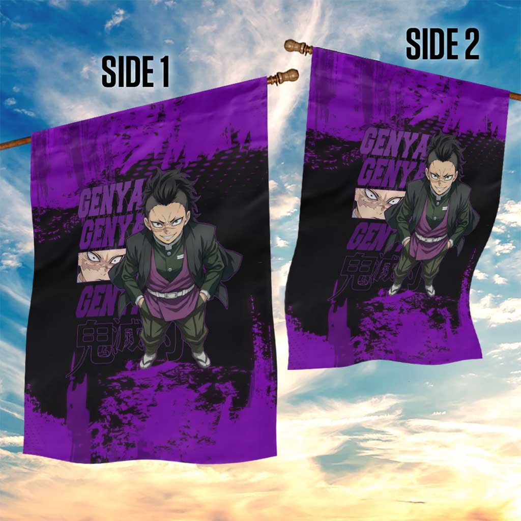 Genya Shinazugawa Demon Slayer Purple Grunge Design Garden Flag with Fierce Expression and Combat Stance - The Mazicc