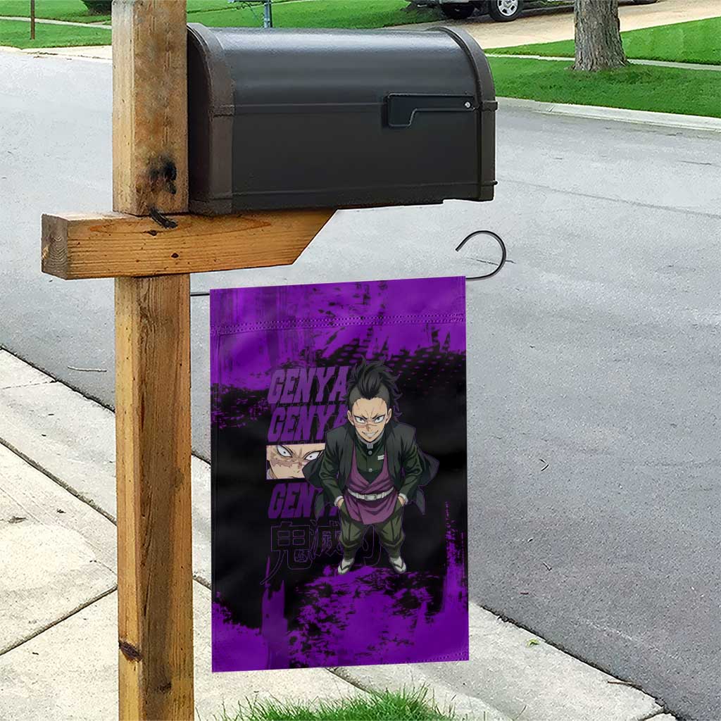 Genya Shinazugawa Demon Slayer Purple Grunge Design Garden Flag with Fierce Expression and Combat Stance - The Mazicc