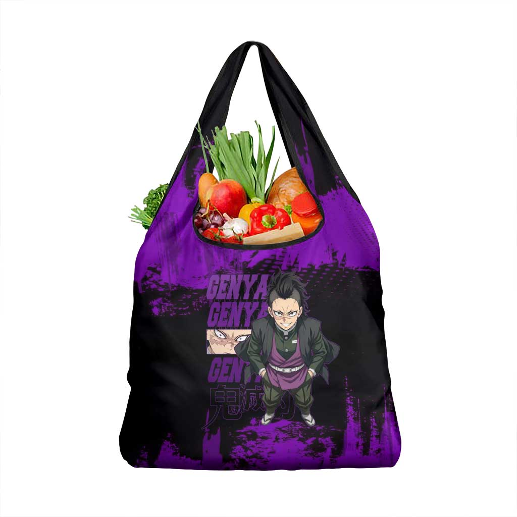 Genya Shinazugawa Demon Slayer Purple Grunge Design Grocery Bag with Fierce Expression and Combat Stance - The Mazicc