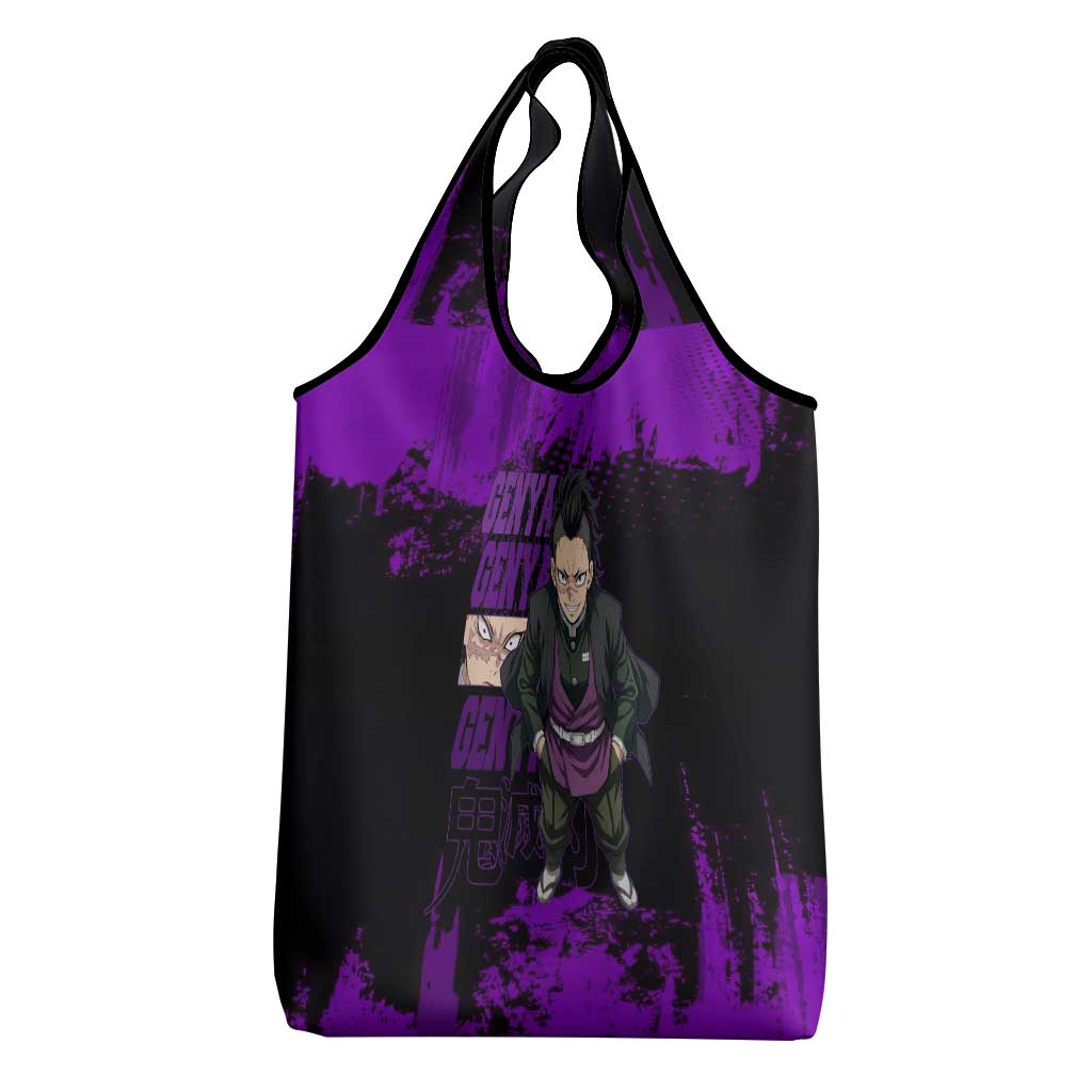Genya Shinazugawa Demon Slayer Purple Grunge Design Grocery Bag with Fierce Expression and Combat Stance - The Mazicc