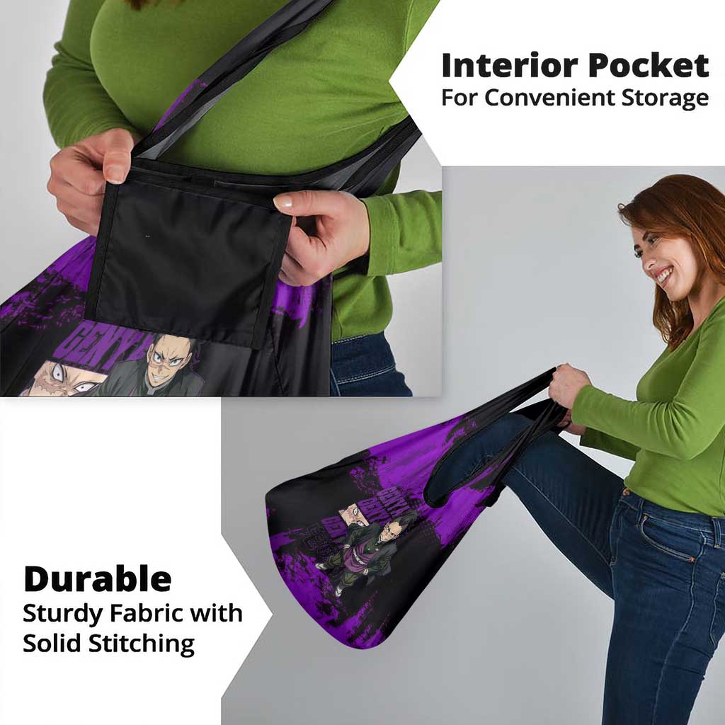 Genya Shinazugawa Demon Slayer Purple Grunge Design Grocery Bag with Fierce Expression and Combat Stance - The Mazicc