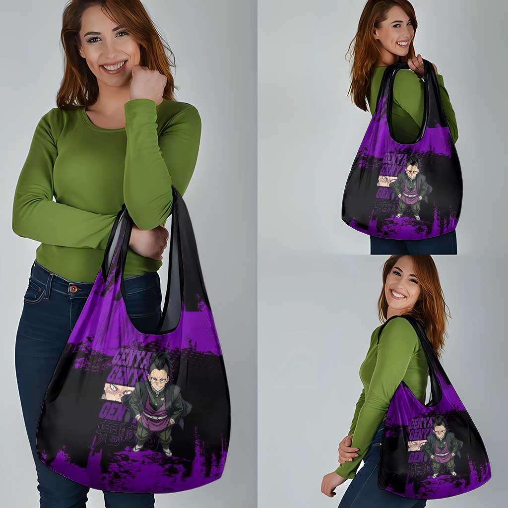 Genya Shinazugawa Demon Slayer Purple Grunge Design Grocery Bag with Fierce Expression and Combat Stance - The Mazicc
