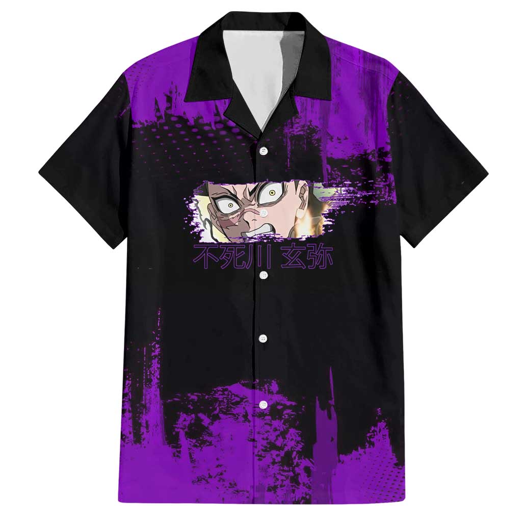 Genya Shinazugawa Demon Slayer Purple Grunge Design Hawaiian Shirt with Fierce Expression and Combat Stance - The Mazicc