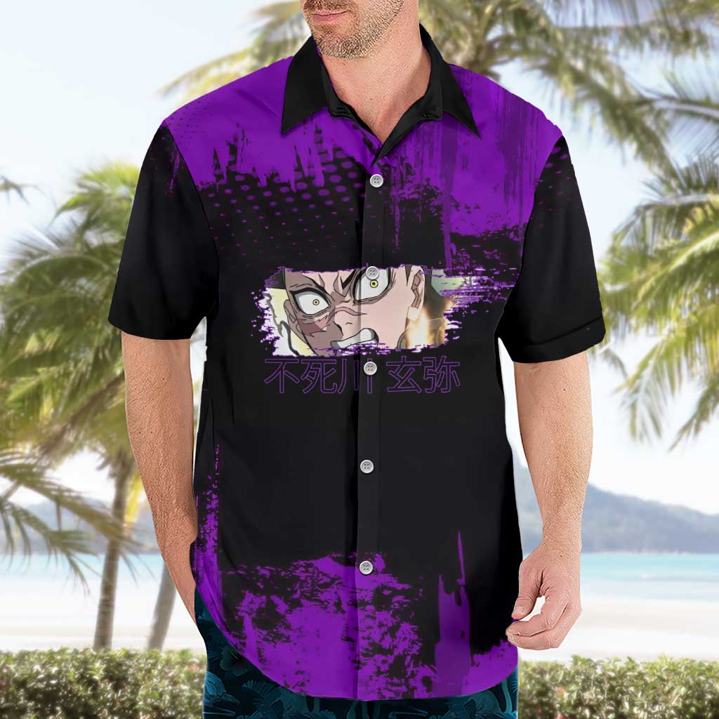 Genya Shinazugawa Demon Slayer Purple Grunge Design Hawaiian Shirt with Fierce Expression and Combat Stance - The Mazicc
