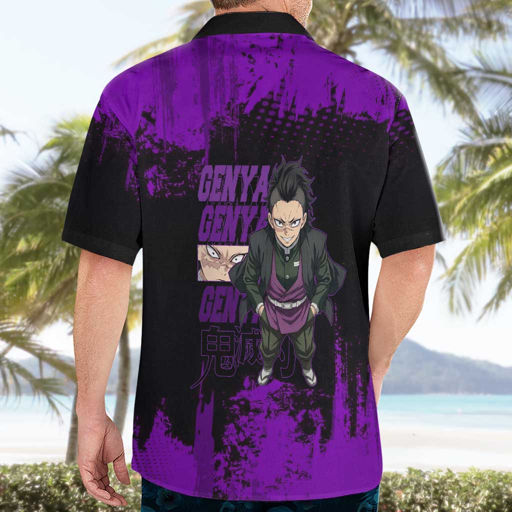 Genya Shinazugawa Demon Slayer Purple Grunge Design Hawaiian Shirt with Fierce Expression and Combat Stance - The Mazicc